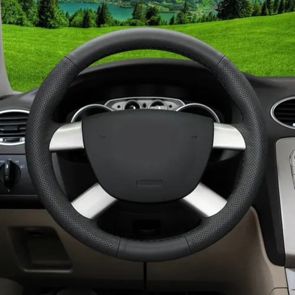 Tillbehör trim äkta läder bil rattöverdrag för Ford Focus 2 C-Max Kuga 2005 2006 2007 2008 2009 2010 black line