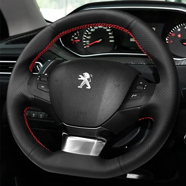 DIY svart läderrattöverdrag för Peugeot 308 2014-2017 mikrofiberläder rattöverdrag biltillbehör