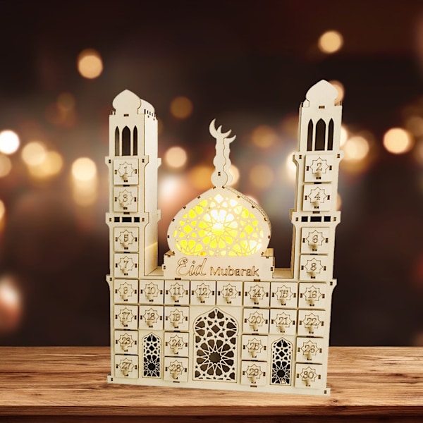 Ramadan Adventskalender Træ Ornament Eid Mubarak Nedtællingskalender Dekoration med LED Lys