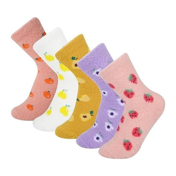 Vintersockor, 5 par halkfria mjuka fruktsockor, varma höstsockor för damer, för promenader, sport, sömn