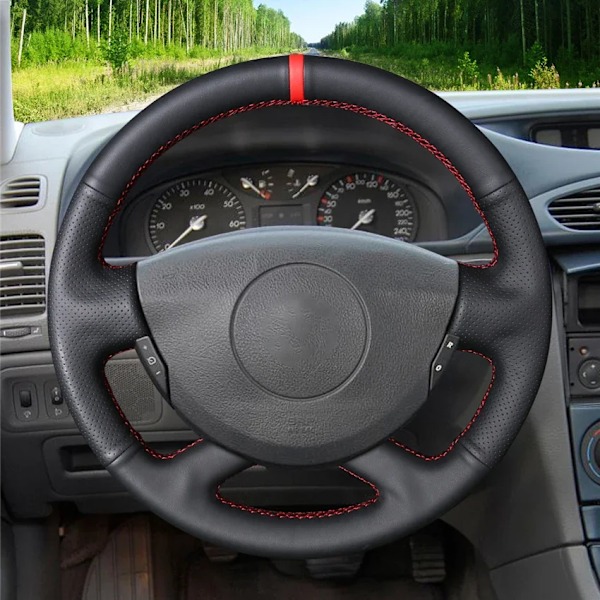 Svart konstläder rattöverdrag för Renault Laguna 2 Vel Satis Espace Trafic 2 2001-2014 Nissan Primastar 2009-2015 Red Marker
