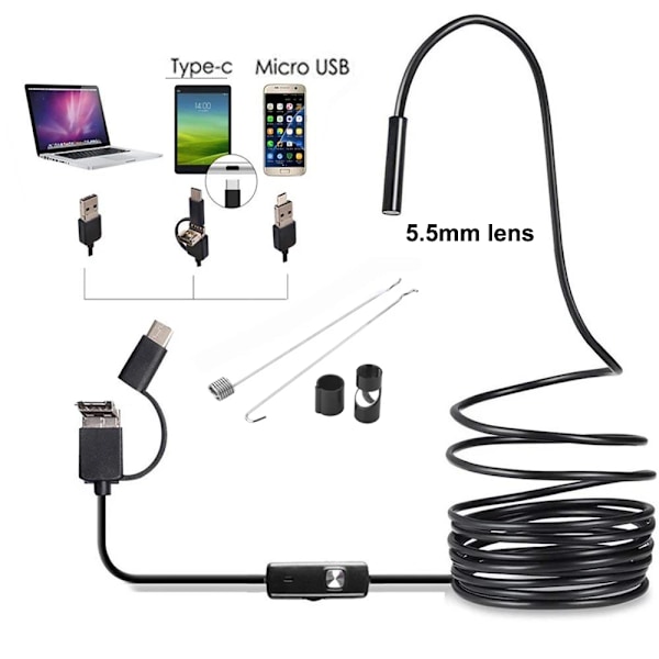 3-i-1 5,5 mm 6 LED typ C vattentät endoskopkamera inspektion 1 m 2 m 3,5 m 5 m USB-kabel endoskop boreskop Android endoskop 3.5M 5.5mm