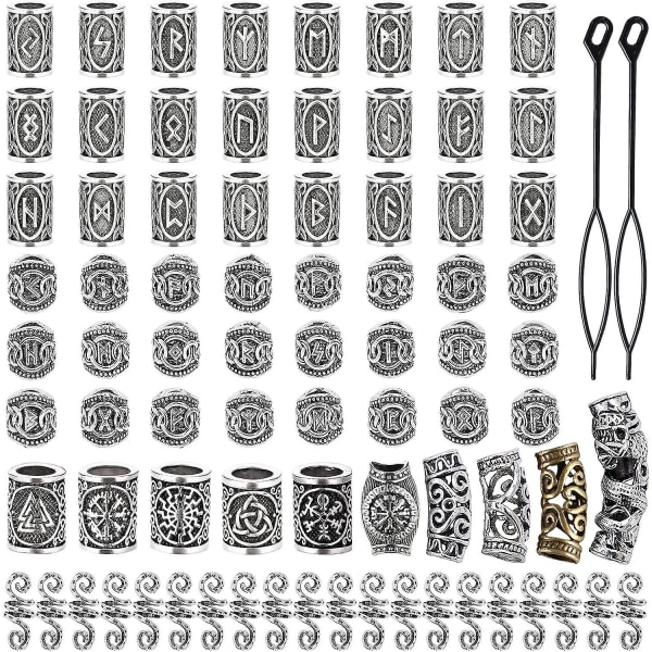 Sølv Viking Beard Perlesett - 80 stykker Hårrørperler for norrønt hår, dreadlocks, fletter, armbånd, halskjeder - DIY smykker Hårdekorasjon