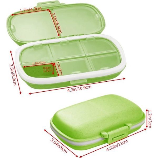 2-pack daglig pillerorganisatör, 8 fack rese-pillerbox, grön