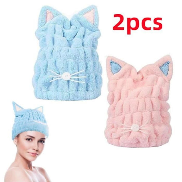 Hårtorkhandduk - Ej Specificerad - Design med kattöron - Fleece - 23X27 Cm - 2-pack pink, blue