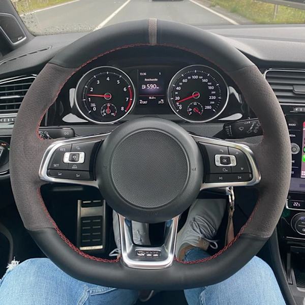 Rattstyrningsöverdrag för Volkswagen VW Golf R MK7 Golf 7 GTI VW Polo GTI Scirocco 2015 2016 Svart mocka äkta läder Style 19