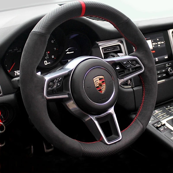 Handsydd rattöverdrag i svart kolfibermocka med halkfritt grepp för Porsche Taycan Cayenne Macan Panamera 718 911 style 1