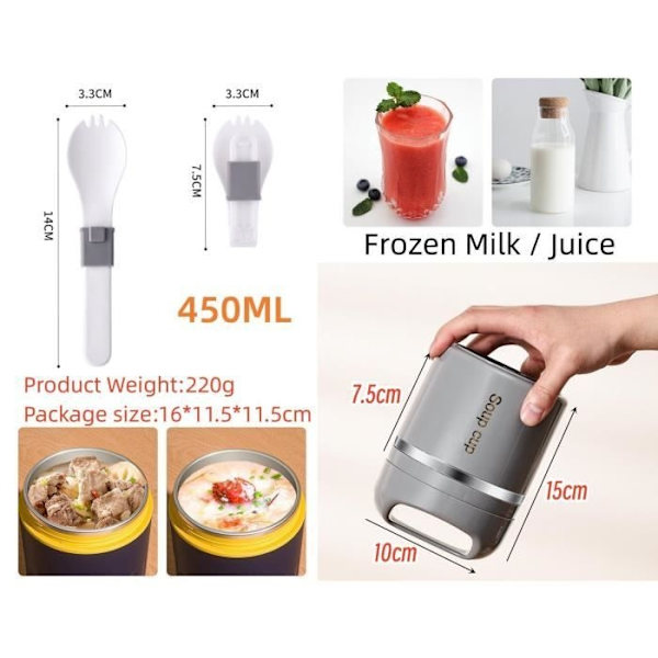 Isolerad matbehållare - Termos - Rostfritt stål - 450 ml - Portabel - Ljusgrå Light gray