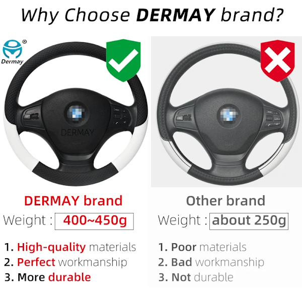 100% Dermay Märkesläder Universal Bilrattstyrningsöverdrag 37cm-38cm Bilstyling Sport Auto Rattöverdrag Halkskydd WHITE