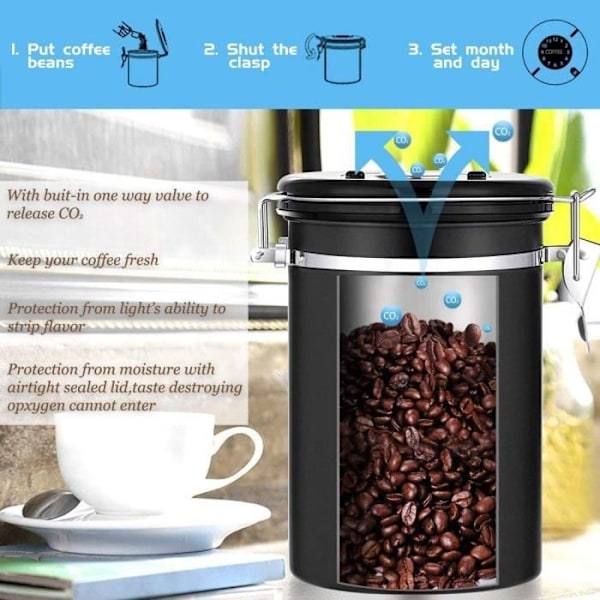 J-Moose Lufttät Kaffeburk - Bevarar Kaffe Och Alla Dess Smaker 1,8L Rostfritt Stål - Med Datumstämpel Och Sked444
