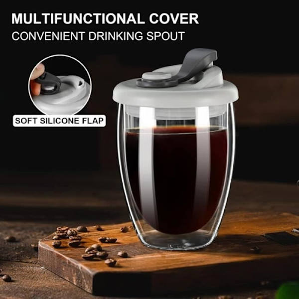 Azwix Dubbelväggig Glasmugg 350ml Kaffekopp Med Silikonlock För Kaffe Mjölk För Resor Och Utomhusbruk