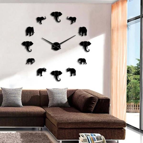 Vingvo Diy Klocka Unik Elefant Djurform Väggklocka Diy Akryl Spegel Hängande Klockdekor