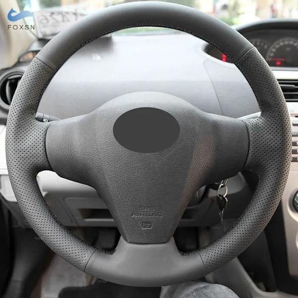 Perforerat läderöverdrag för Toyota RAV4 2006 - 2012 Yaris 2007 - 2011 Vios 2008 - 2013 bil inre rattöverdrag trim svart