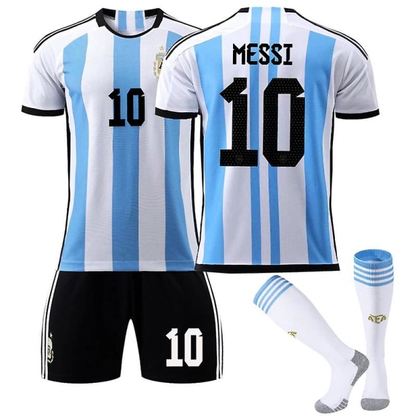 Argentina VM-tröja för herrar hemma Messi #10 Fotbollströja T-shirt Shorts Kit Fotboll 3-delade set för barn Vuxna Bekväm Kids 22(120-130cm)