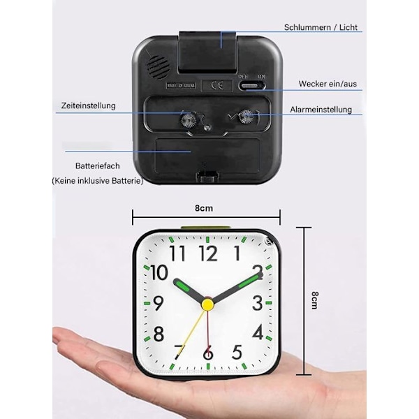 Tystgående analog väckarklocka utan tickande med snooze-funktion, ljusfunktioner och batteridrift, bärbar väckarklocka för barn