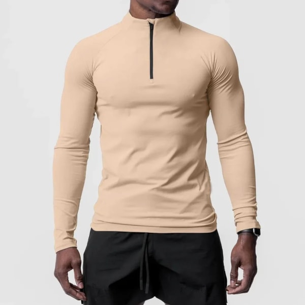 AOLA Quick Dry Men's Long Sleeve 1/4 Zip Sport Shirt Bodybuilding T-shirt for Gym Fitness Exercise Tight Zipper Collar Shirts GREY S