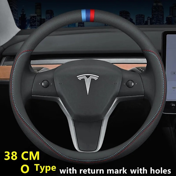 Rattstyrningsöverdrag i äkta nappa-läder för Tesla Model 3 Y 2019 2020 2021, 4 årstider, 36-39 cm diameter, bilinteriörtillbehör 38 O WM WH