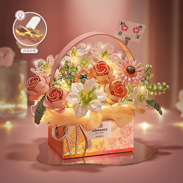 Loz nya rosa rosbukett modellbyggstenar lila blomma luminescens passar presentask tegelstenar pojkar flickor julklappar present Pink with box