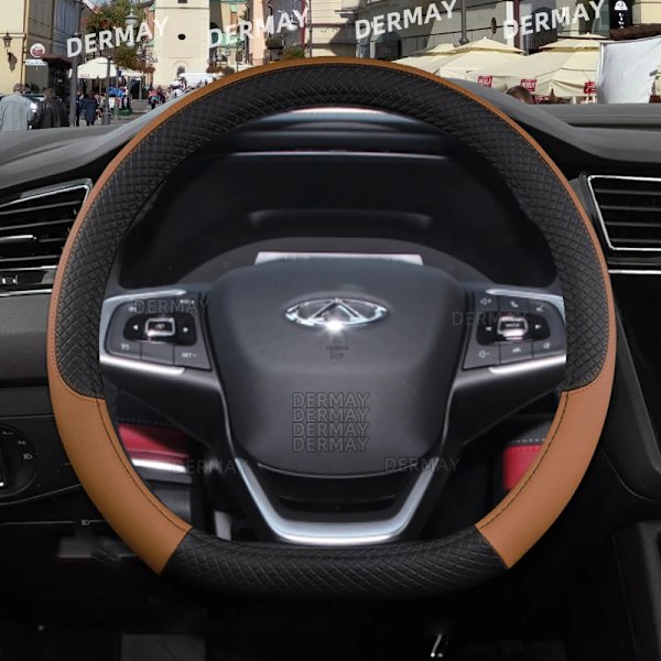 Rattskinnsöverdrag till ratt för Chery Tiggo 7 Pro Tiggo 7 Plus T15 DR F35 6.0 - 9 färger, PU-läder, halkfritt, biltillbehör D shape Brown