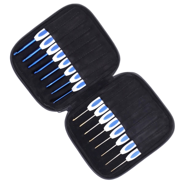 16 stk hæklesæt ABS plastikhåndtag fint til groft DIY håndvævet sweater strikkeværktøj (blå og hvid porcelæn)