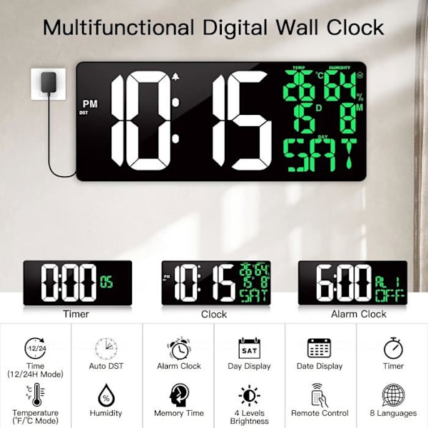 16\" LED Digital Väggklocka Stor Display Med Fjärrkontroll Stor Skärm Timer Nedräkningstimer Black