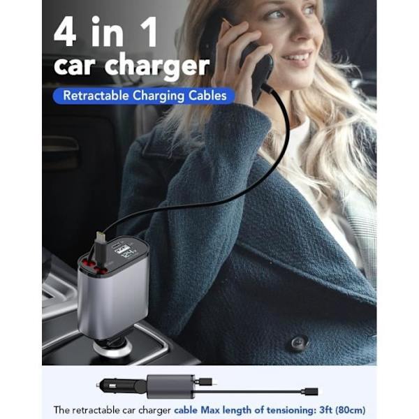 Billaddare - Ospecificerad - 120W - 2 USB-portar - Infällbar kabel - Snabbladdning