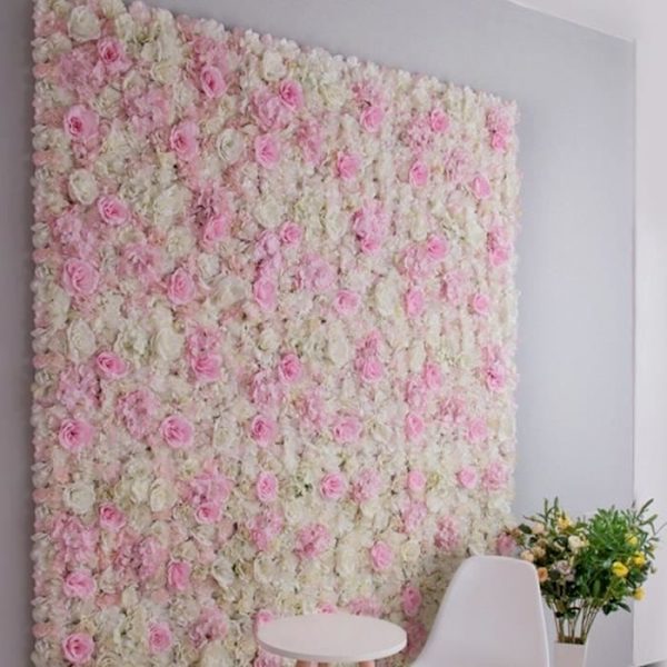 Konstgjord vägg av sidenhortensia och ros för bröllopsbakgrund, rosa och vit