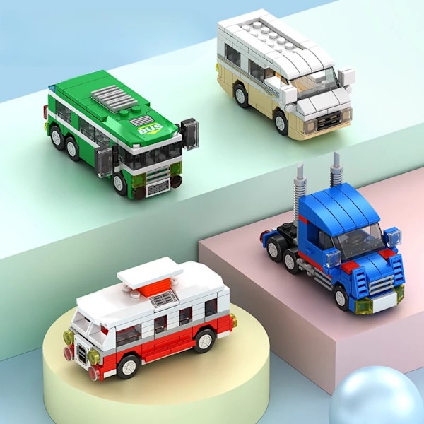 Stadsbyggklossar - Skolbuss, Husbil, DIY-modellbil, Ambulans, Klossar för barn, Pedagogisk monteringsspel, Present Fire truck lights of