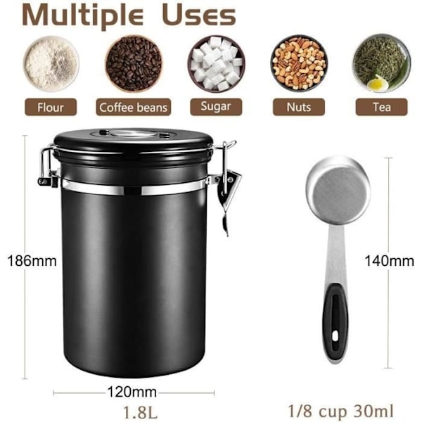 J-Moose Lufttät Kaffeburk - Bevarar Kaffe Och Alla Dess Smaker 1,8L Rostfritt Stål - Med Datumstämpel Och Sked444