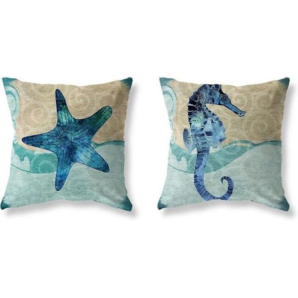 Set med 2 örngott 45 x 45 cm - Bomull Linne Blått Havstema Sjöstjärna Sjöhäst Strandspel