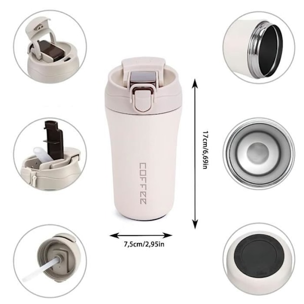 Kaffemugg - Ospecificerad - Resa - Rostfritt stål - Dubbelvägg - Lock med sugrör white