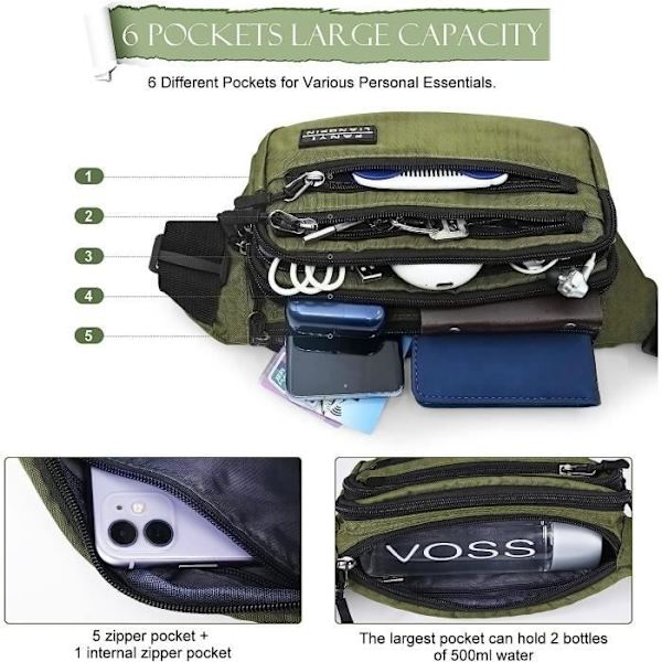 Midjeväska Fanny Pack Bältesväska För Män Kvinnor, Med 6 Fickor Och Justerbart Bälte, Vattentät Midjeväska För Utomhussport