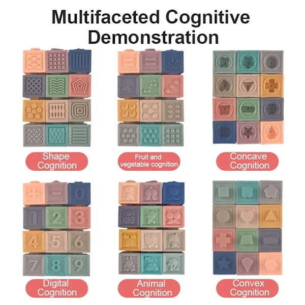 12 st 3D silikonbyggklossar för baby sensoriska ljudleksaker tecknade djur nummer tidig utbildning mjuk pusselkub badleksak E