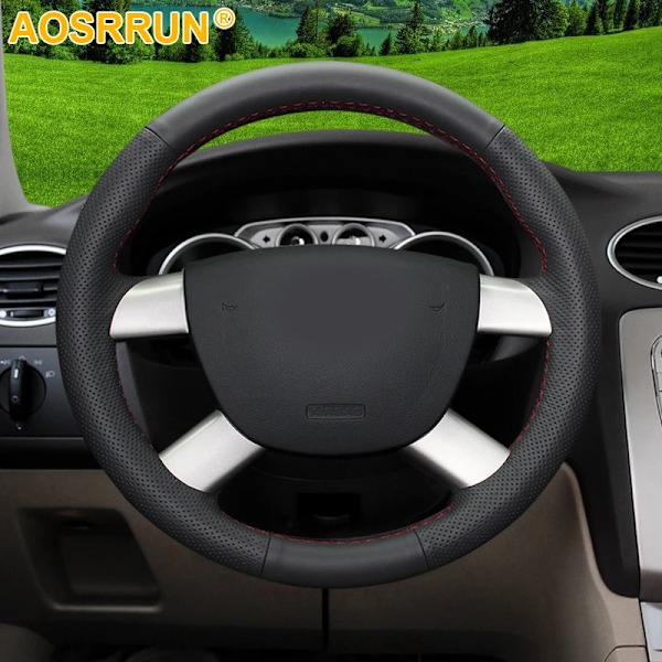 Tillbehör trim äkta läder bil rattöverdrag för Ford Focus 2 C-Max Kuga 2005 2006 2007 2008 2009 2010 red line
