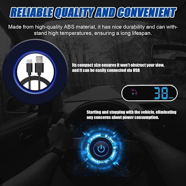 Hastighetsmätare, hastighetsdisplay, Head Up Display, bil-HUD med färgstark LED-skärm med GPS, funktion