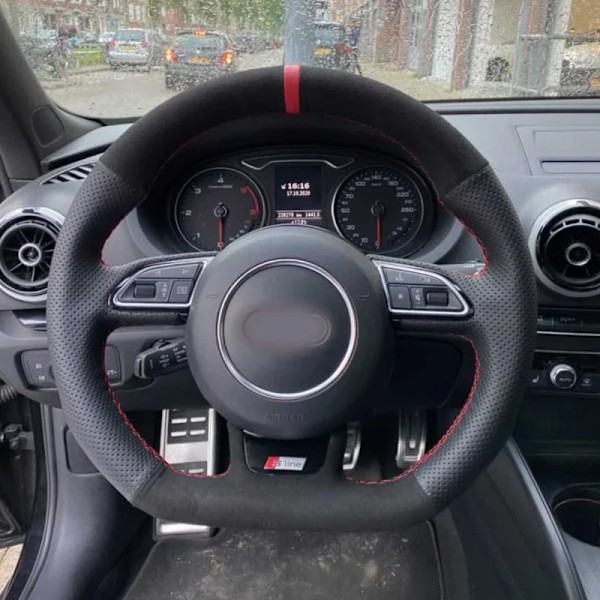 Svart mocka kolfiber läder rattöverdrag rattfläta för Audi A5 A7 RS7 S7 SQ5 S6 S5 RS5 S4 RS4 S3 2012-2018 Style 4