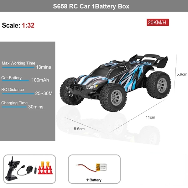 1/32 Mini Hög Hastighet Drift Racing RC Bil Off-Road Fjärrstyrd Leksak För Pojkar Med Lysande LED-Ljus Radiostyrd 9115m Bule 1 Battery