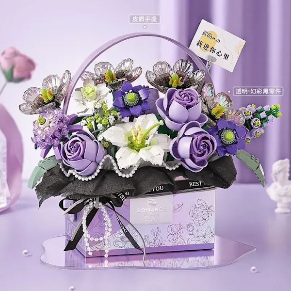 Loz nya rosa rosbukett modellbyggstenar lila blomma luminescens passar presentask tegelstenar pojkar flickor julklappar present Purple with box
