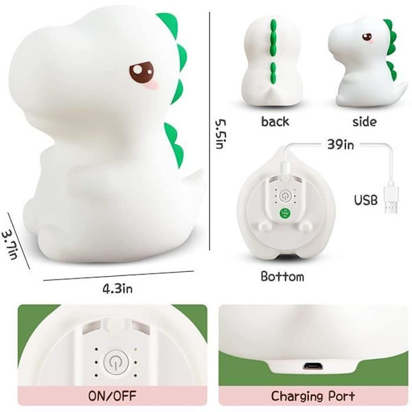 Nattlampa - Zgeer - Dinosaurie - USB Uppladdningsbar - Silikon - LED 8 Färger white