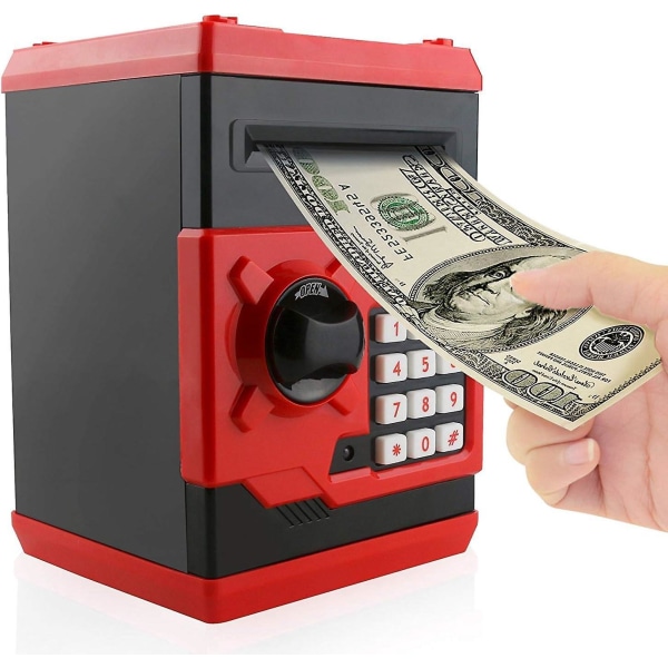 Elektronisk tecknad bankomat Spargris kassaskåp - röd, lösenordssparande myntbank för barn