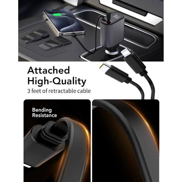 Billaddare - Ospecificerad - 120W - 2 USB-portar - Infällbar kabel - Snabbladdning