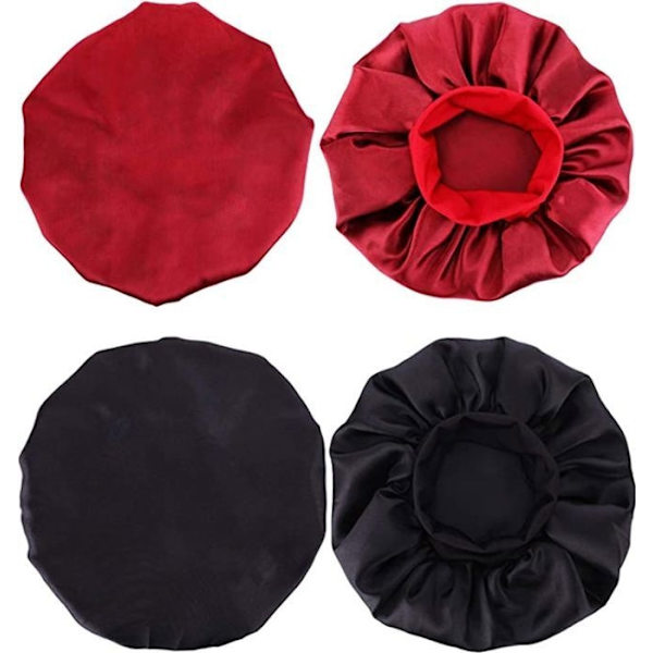 2 stycken Satin Natthuva Sovmössa Hårskydd för Kvinnor Flickor (Svart, Vinröd)