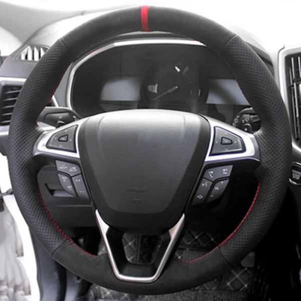 Biltillbehör svart mocka flätad handsydd rattöverdrag för Ford Mondeo Fusion 2013-2019 Edge 2015-2019 Syle 1