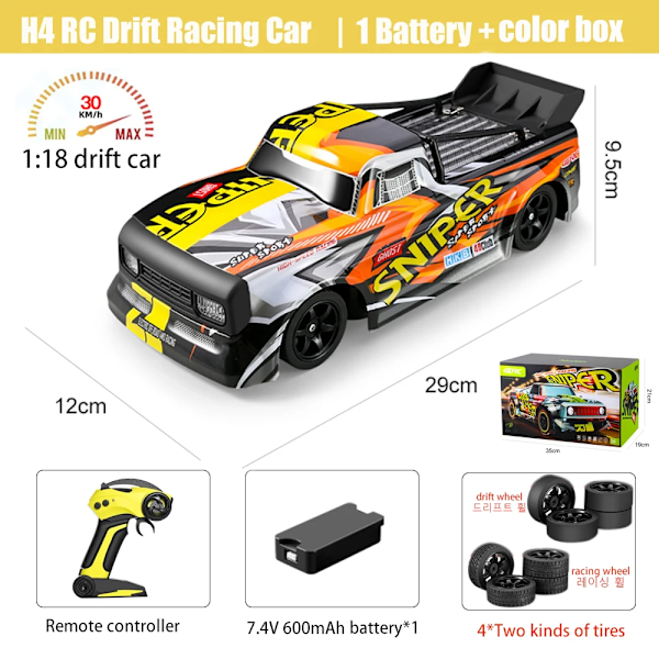 1:18 h4 4wd RC Driftbil 30km/h Hög Hastighet Off-Road 2.4g Fjärrstyrd Bil Racing Stuntfordon Driftmästare Leksaker för Barn H4 30KMh Yellow 1B