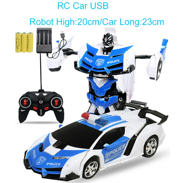 24cm 1:18 RC-bil leksak fjärrstyrd transformationsrobot en knapp deformation elektrisk fjärrstyrd leksak polisbilar för barn pojke e01 USB(.102)