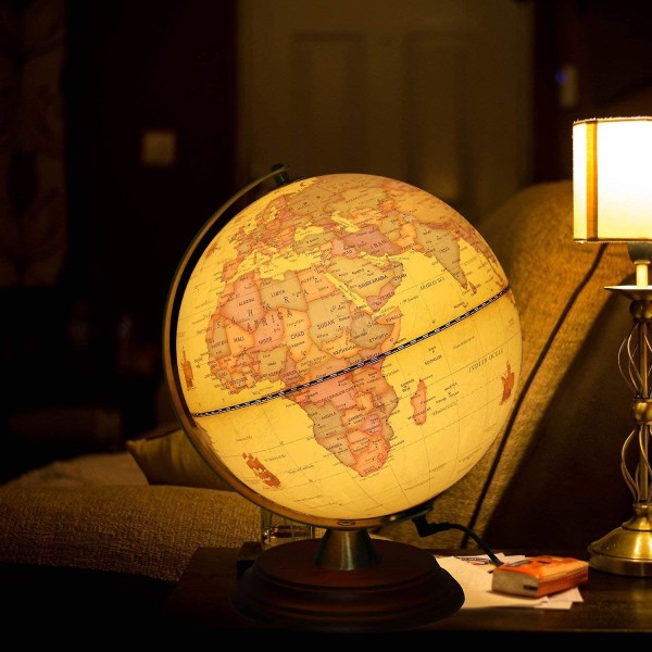 Oplyst verdensklode til børn med træstativ, indbygget LED til oplyst natudsigt Antik Globe-gillade