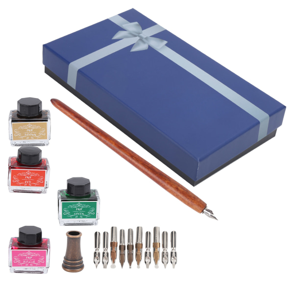 Dip Pen 4-farge fyllepenn i tre med utskiftbar nib Kit Kalligrafi SkrivesettSP098045 (Branneffekt) Mørkebrun Pen Bar
