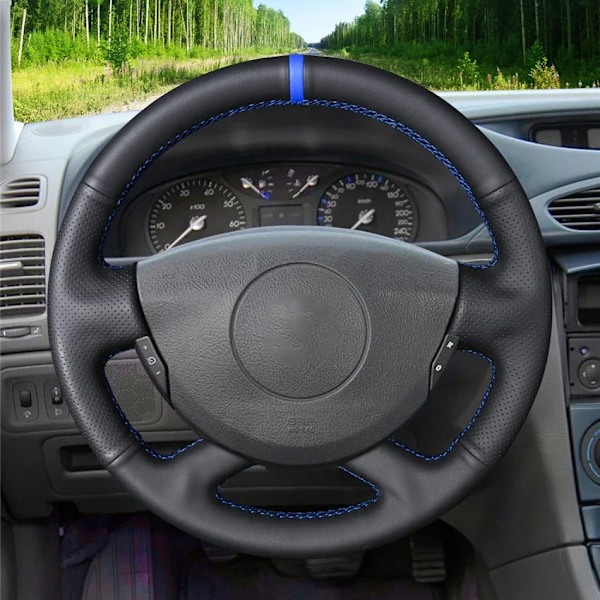 Svart konstläder rattöverdrag för Renault Laguna 2 Vel Satis Espace Trafic 2 2001-2014 Nissan Primastar 2009-2015 Blue Marker