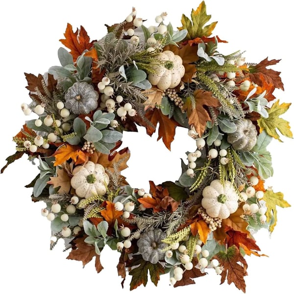 Efterårets hoveddørskrans, efterårets kunstig krans med ahornblade, hvide græskar og bær til Thanksgiving Vinduesvægdekoration Roman S