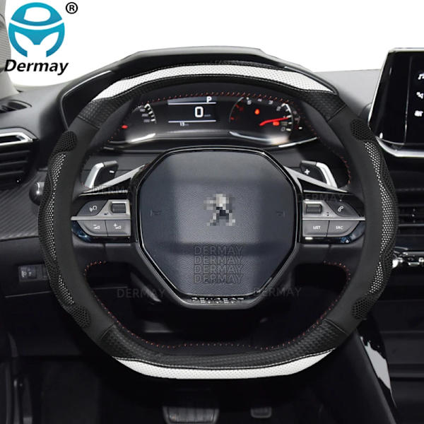 För Peugeot 3008 4008 5008 Dermay Bilrattstyre Skydd Kolfiber+PU Läder 3D Halksäker Biltillbehör Interiör Coche WHITE